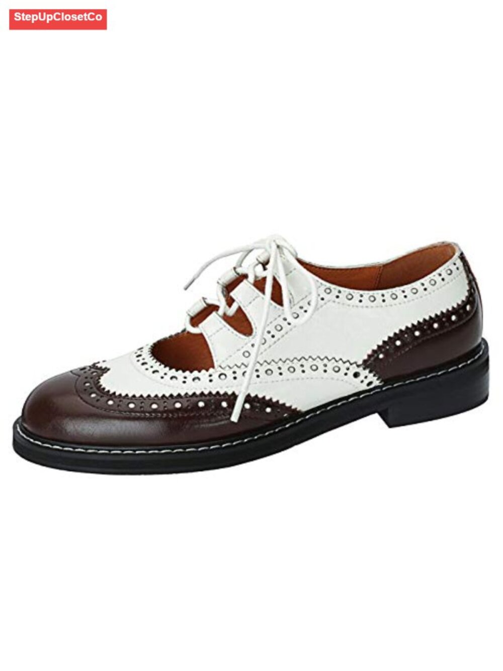 Women's Leather Brogue Oxfords Low Heel Lace-Up Round Toe Vintage